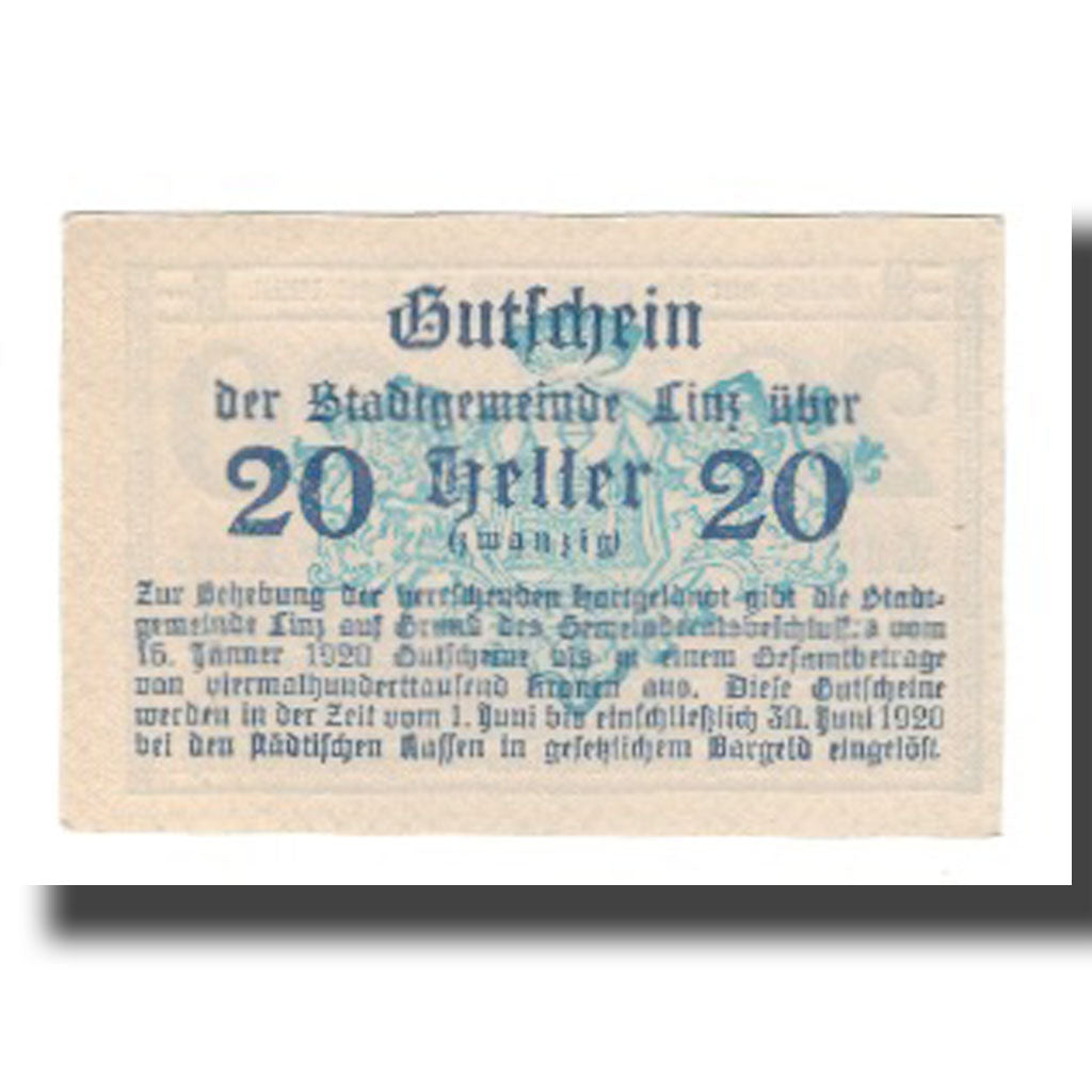 Banknote, Austria, Linz O.Ö. Stadtgemeinde, 20 Heller, texte 1, 1920