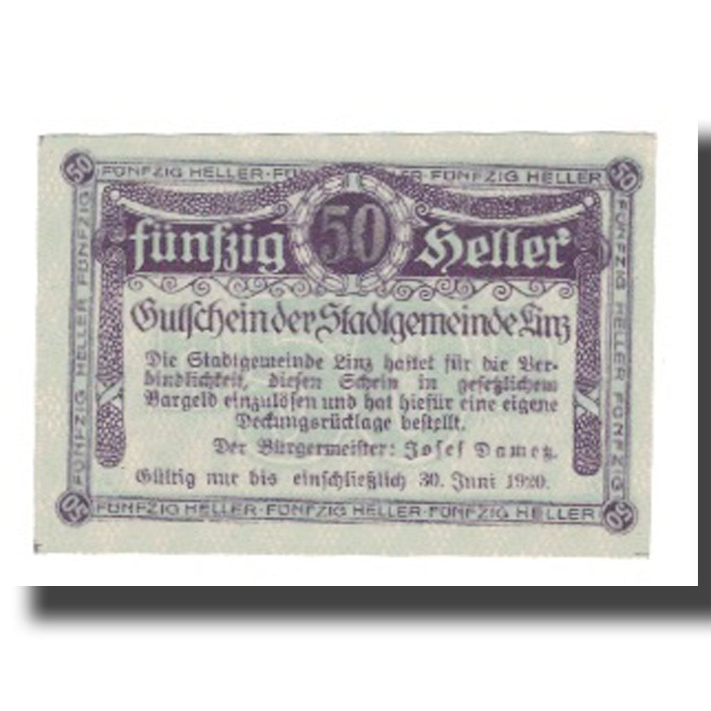 Banconote, Austria, Linz O.Ö. Stadtgemeinde, 50 Heller, Texte 2, 1920