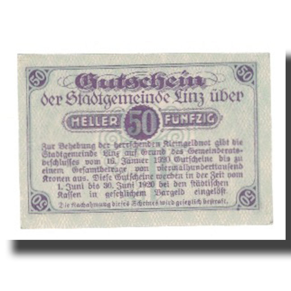 Banconote, Austria, Linz O.Ö. Stadtgemeinde, 50 Heller, Texte 2, 1920