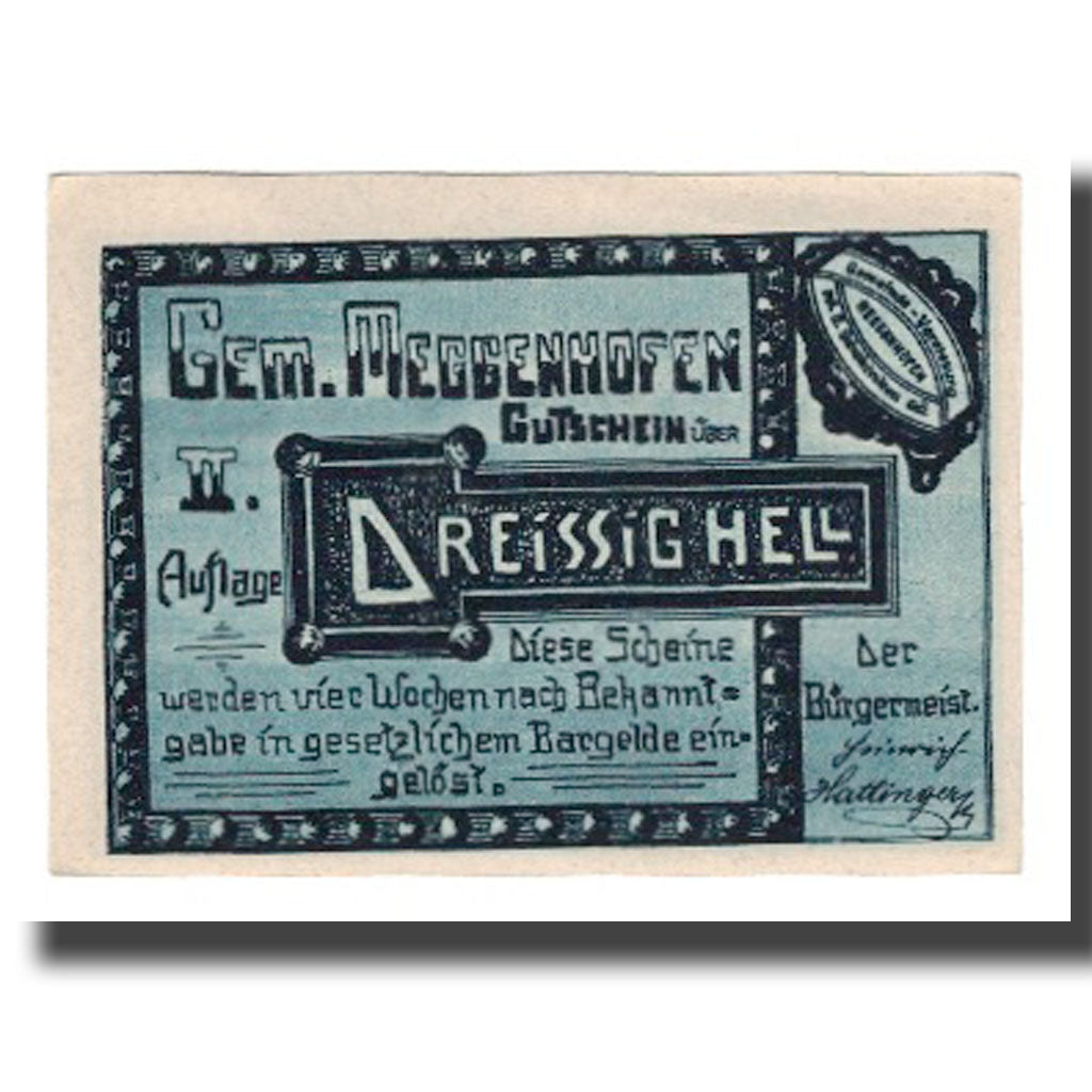 Banconote, Austria, Meggenhofen O.Ö. Gemeinde, 30 Heller, personnage, SPL-