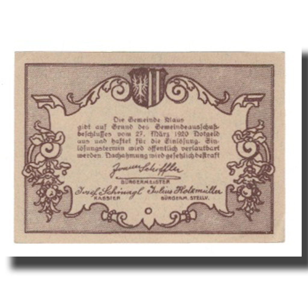 Geldschein, Österreich, Klaus O.Ö. Gemeinde, 10 Heller, texte 1, 1920