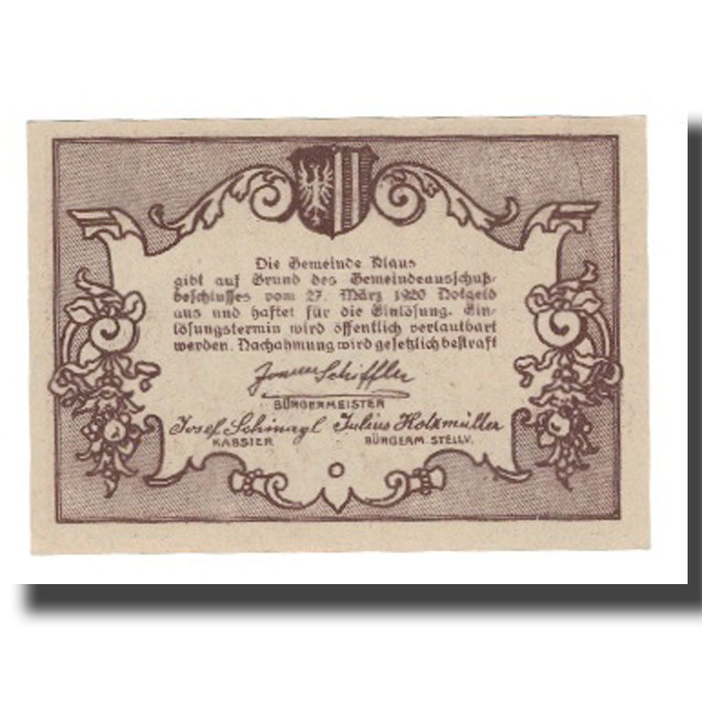 Geldschein, Österreich, Klaus O.Ö. Gemeinde, 20 Heller, Texte 3, 1920