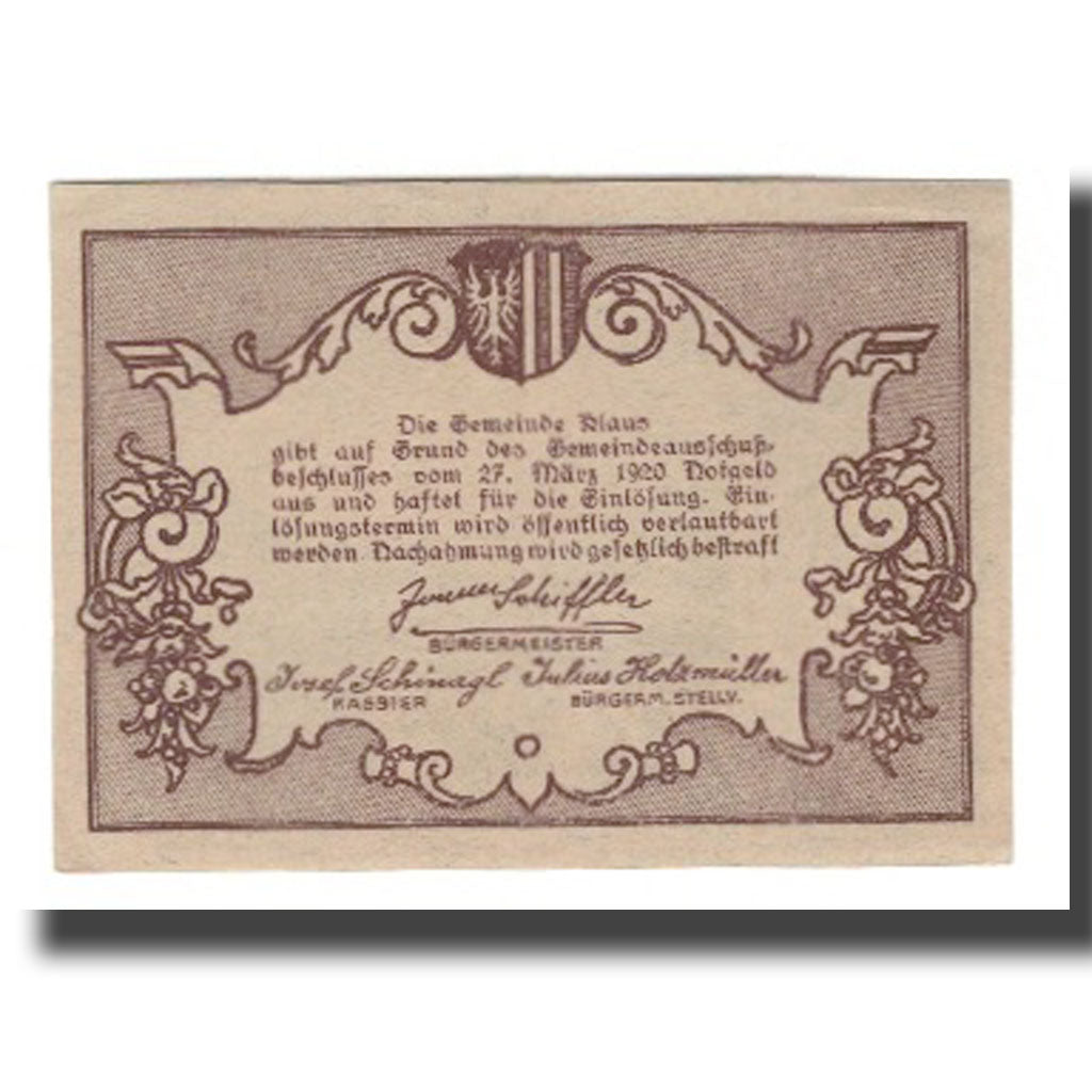 Banknot, Austria, Klaus O.Ö. Gemeinde, 50 Heller, Texte 7, 1920, 1920-03-27