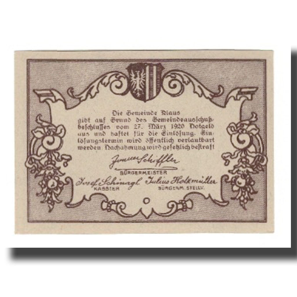 Geldschein, Österreich, Klaus O.Ö. Gemeinde, 50 Heller, Texte 8, 1920