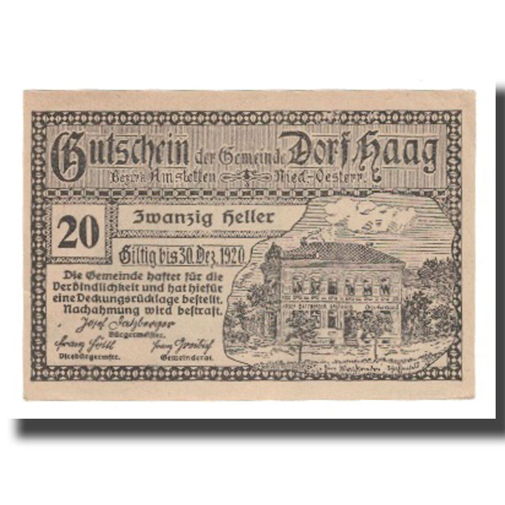 Geldschein, Österreich, Haag-Dorf N.Ö. Gemeinde, 20 Heller, Batiment, 1920
