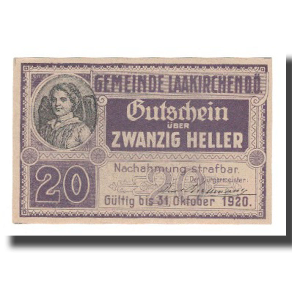 Banknot, Austria, Laakirchen O.Ö. Gemeinde, 20 Heller, Diligence, 1920