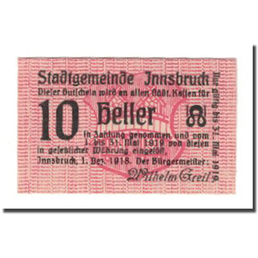 Geldschein, Österreich, Innsbruck Tirol Stadtgemeinde, 10 Heller, N.D, 1919