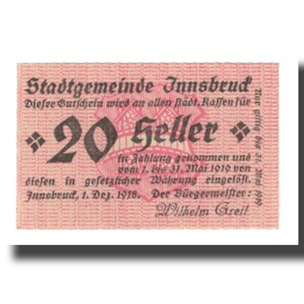 Geldschein, Österreich, Innsbruck Tirol Stadtgemeinde, 20 Heller, N.D, 1919