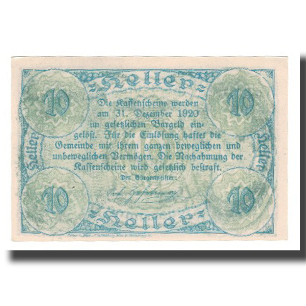Nota, Áustria, Hausmening N.Ö. Gemeinde, 10 Heller, Texte, 1920, 1920-12-31