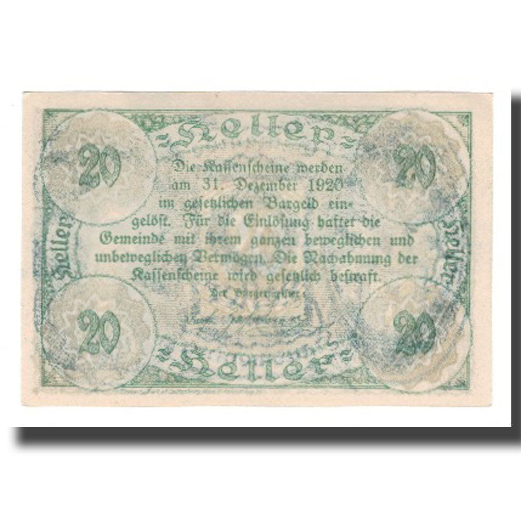 Banknot, Austria, Hausmening N.Ö. Gemeinde, 20 Heller, texte 1, 1920