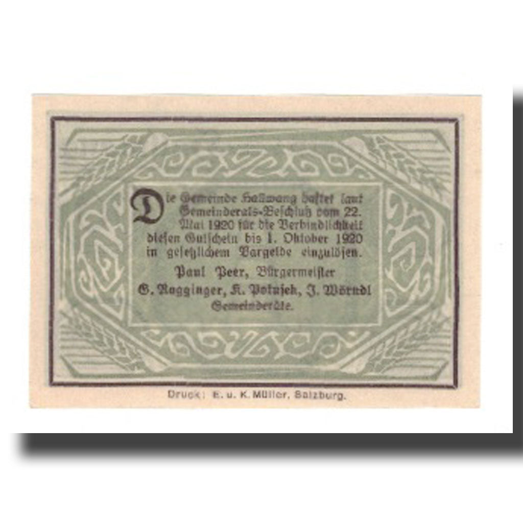 Banknot, Austria, Hallwang Sbg. Gemeinde, 10 Heller, Texte, 1920, 1920-10-01