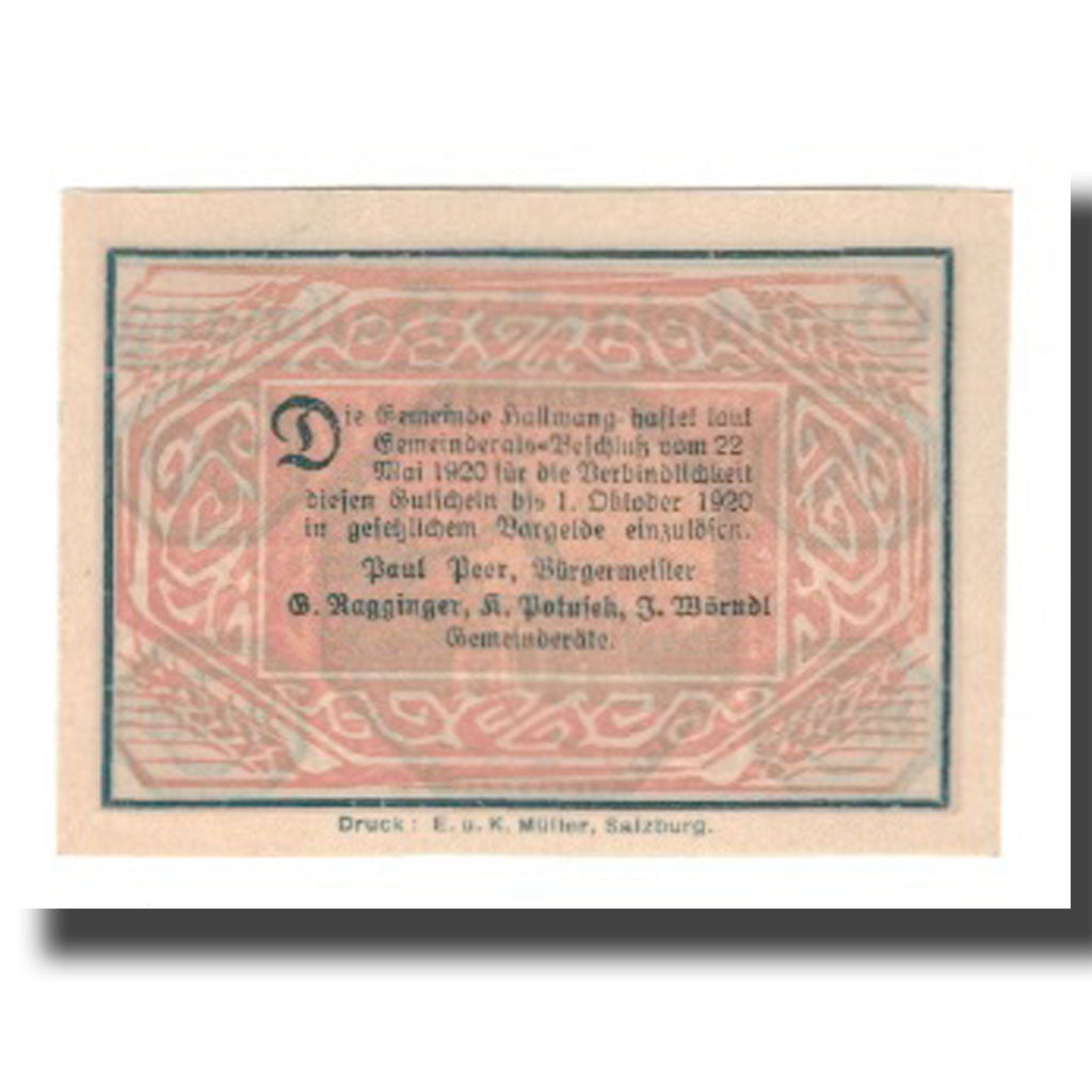 Banknot, Austria, Hallwang Sbg. Gemeinde, 20 Heller, texte 1, 1920, 1920-10-01