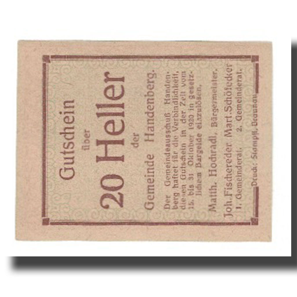 Geldschein, Österreich, Handenberg O.Ö. Gemeinde, 20 Heller, Texte, 1920