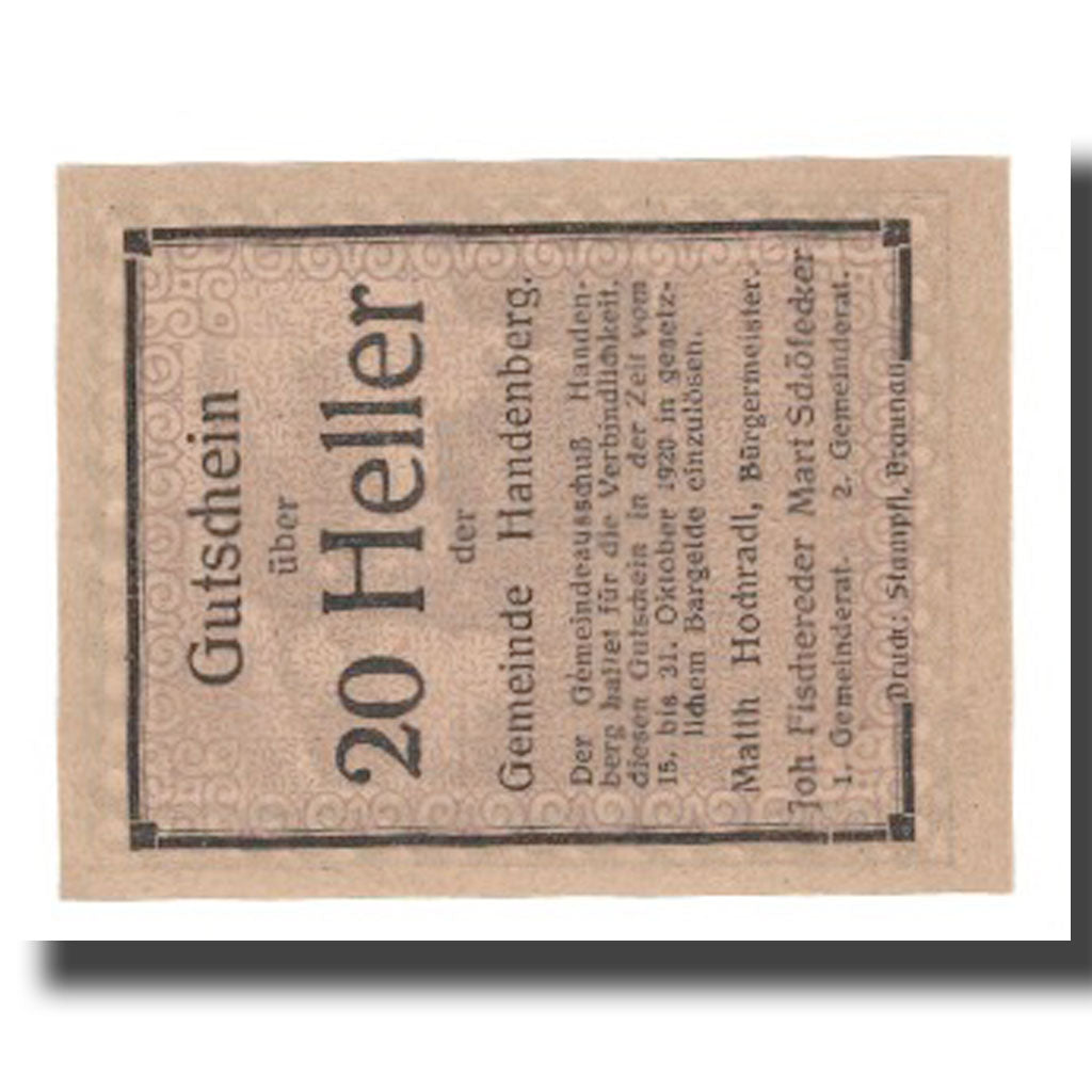 Banknote, Austria, Handenberg O.Ö. Gemeinde, 20 Heller, texte 1, 1920