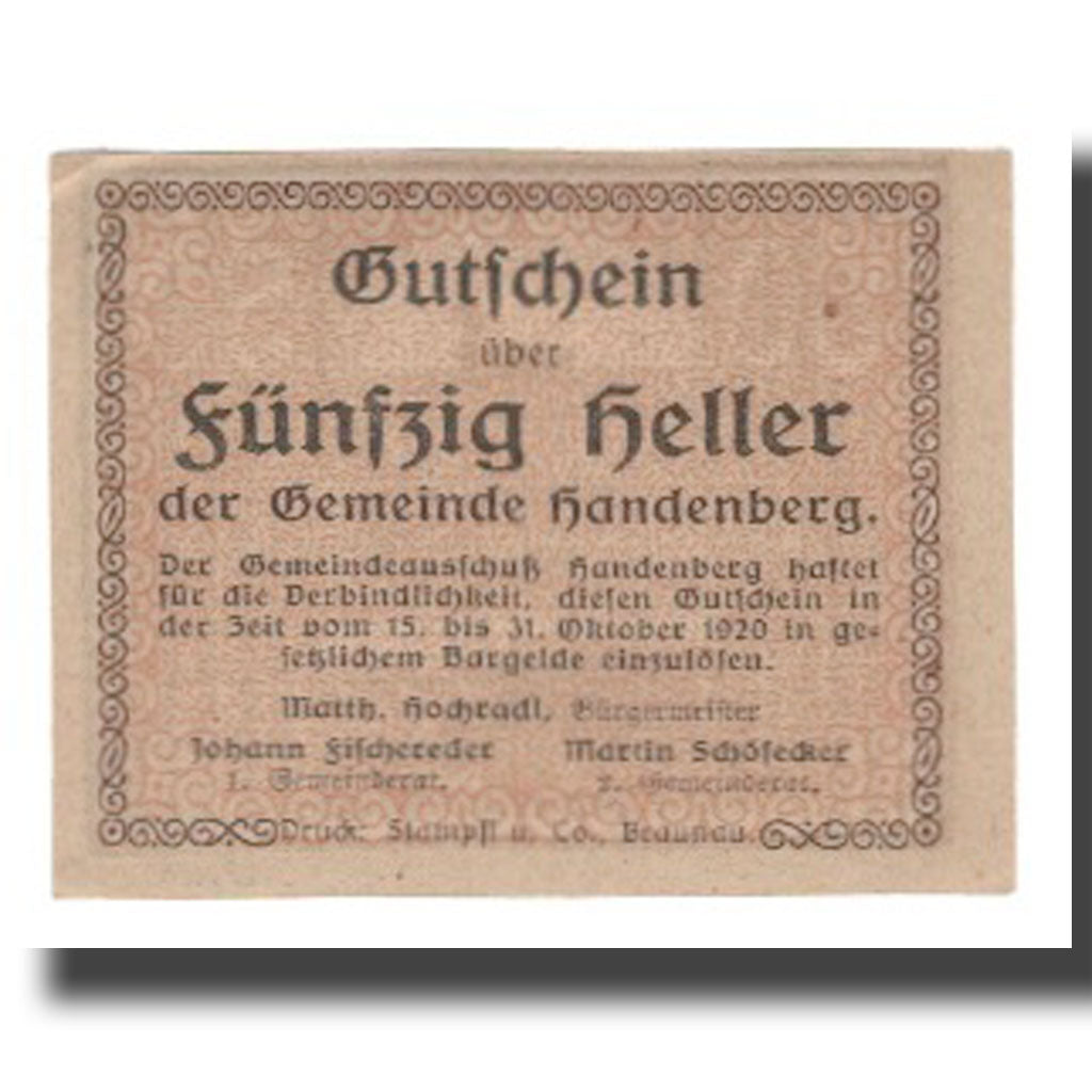 Billete, Austria, Handenberg O.Ö. Gemeinde, 50 Heller, Texte 2, 1920