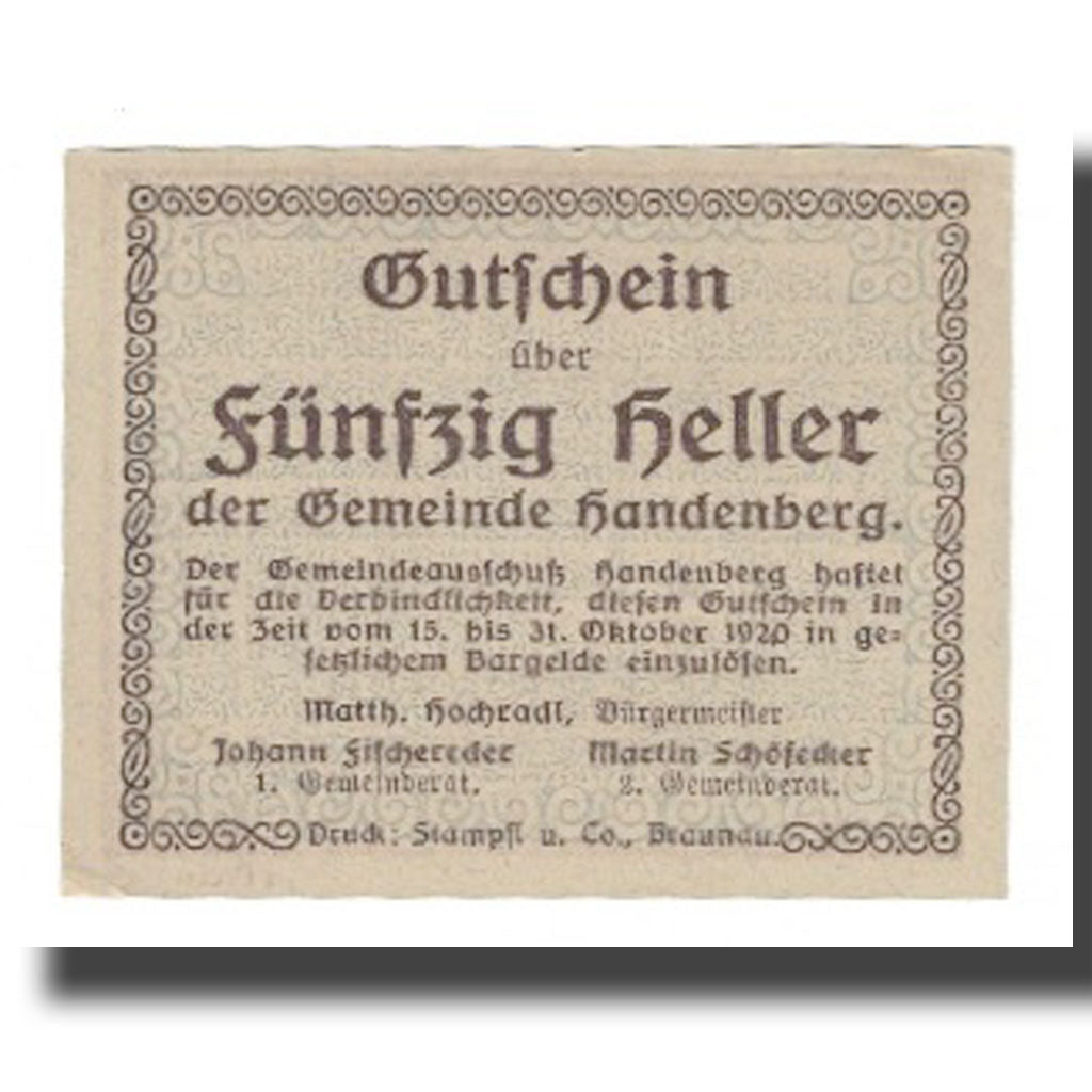 Geldschein, Österreich, Handenberg O.Ö. Gemeinde, 50 Heller, Texte 3, 1920