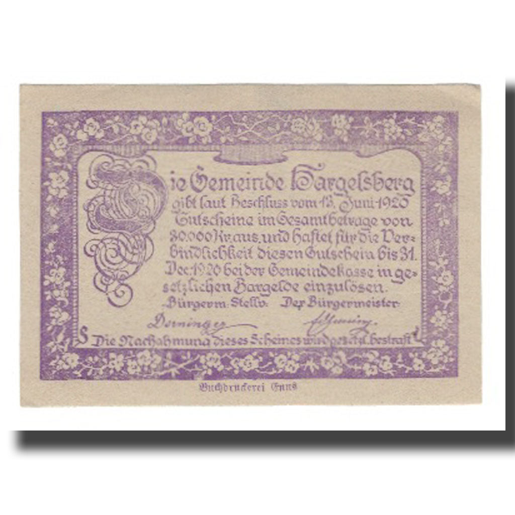 Geldschein, Österreich, Hargelsberg O.Ö. Gemeinde, 20 Heller, texte 1, 1920