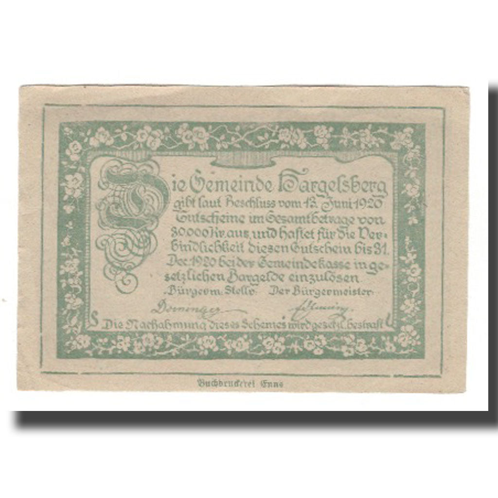 Banknot, Austria, Hargelsberg O.Ö. Gemeinde, 50 Heller, Texte 2, 1920