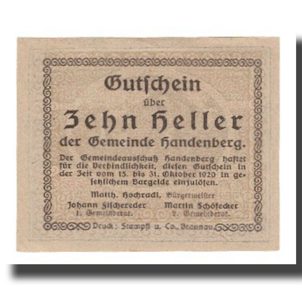 Geldschein, Österreich, Handenberg O.Ö. Gemeinde, 10 Heller, Texte, 1920