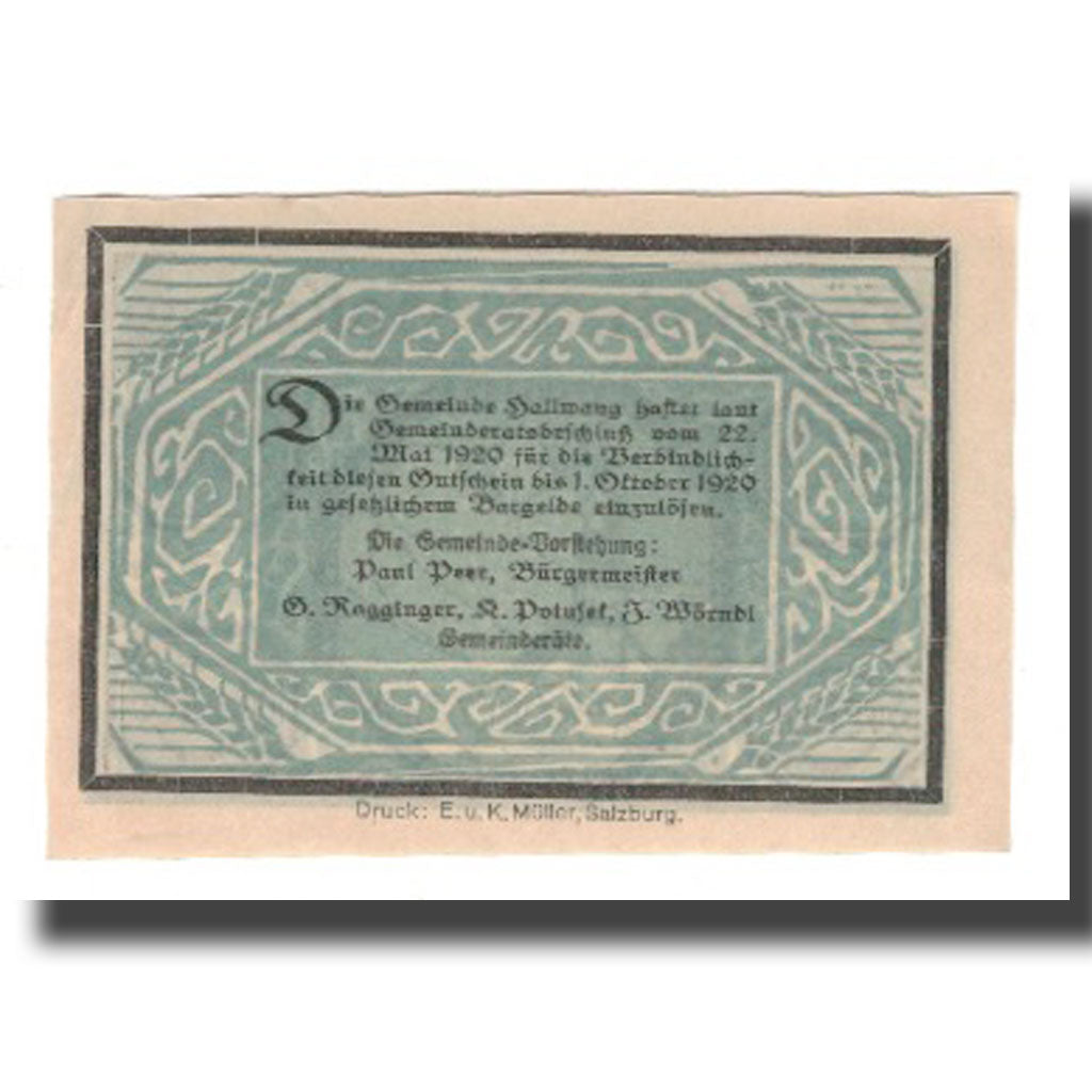 Banknot, Austria, Hallwang Sbg. Gemeinde, 50 Heller, Texte, 1920, 1920-10-01