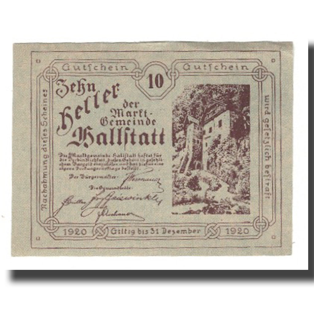 Geldschein, Österreich, Hallstatt O.Ö. Marktgemeinde, 10 Heller, Texte, 1920