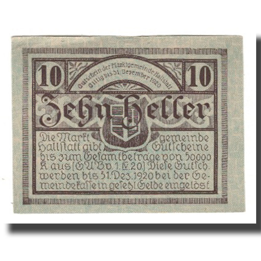 Geldschein, Österreich, Hallstatt O.Ö. Marktgemeinde, 10 Heller, Texte, 1920