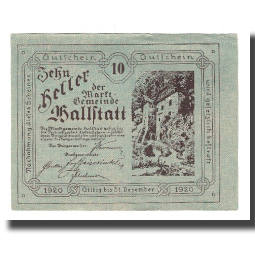 Geldschein, Österreich, Hallstatt O.Ö. Marktgemeinde, 10 Heller, texte 1
