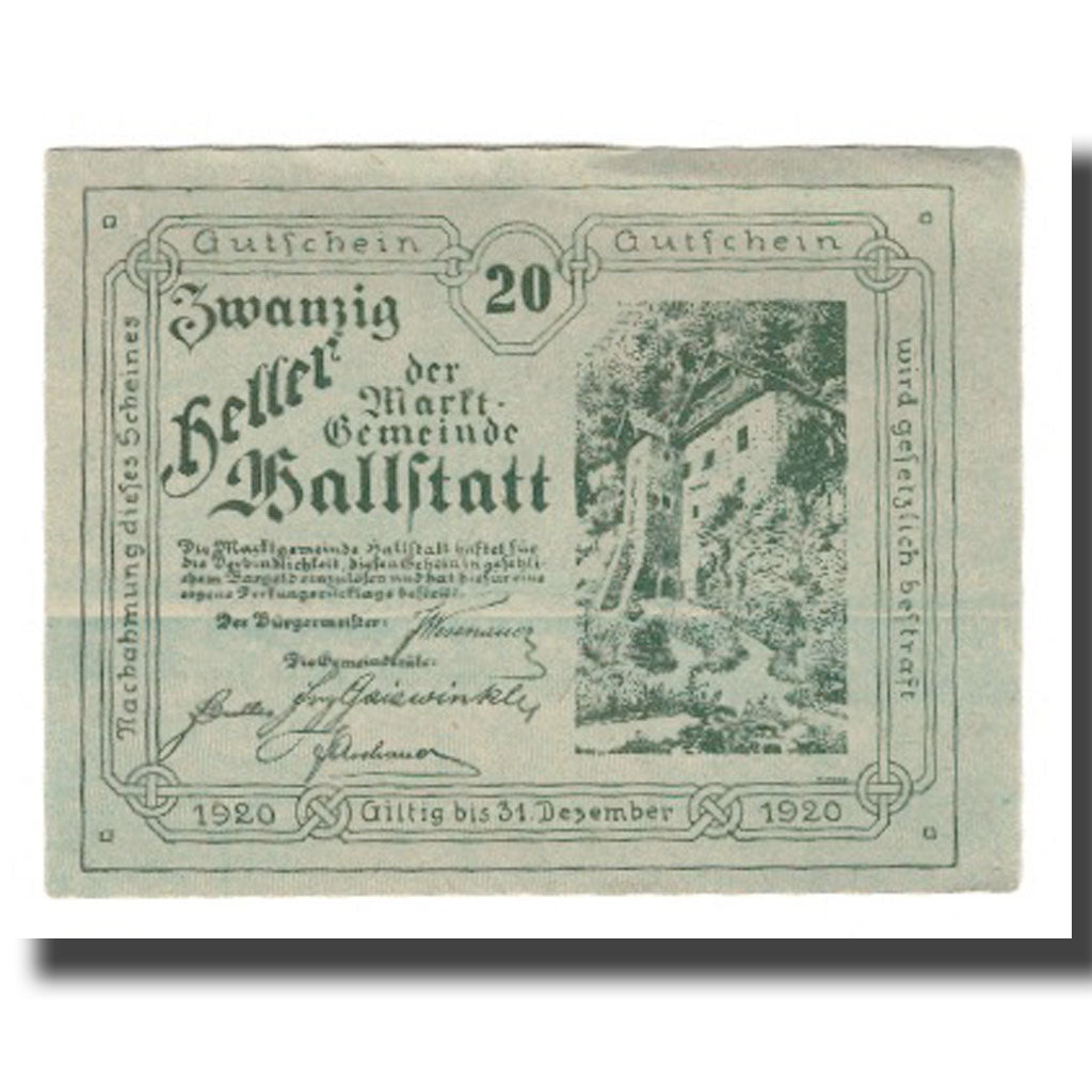 Banconote, Austria, Hallstatt O.Ö. Marktgemeinde, 20 Heller, Texte 2, 1920