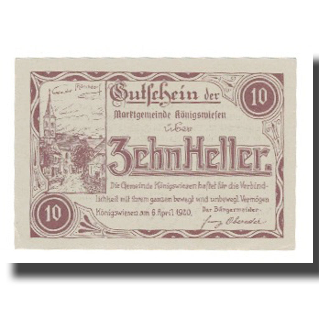 Banconote, Austria, Königswiesen O.Ö. Marktgemeinde, 10 Heller, Texte, 1921