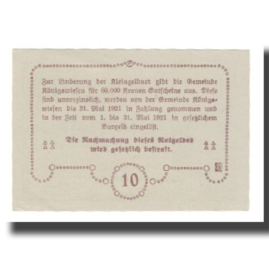 Banconote, Austria, Königswiesen O.Ö. Marktgemeinde, 10 Heller, Texte, 1921