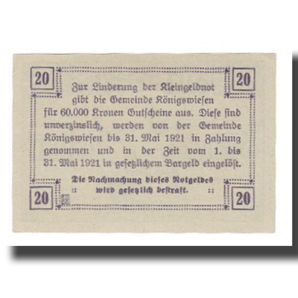 Geldschein, Österreich, Königswiesen O.Ö. Marktgemeinde, 20 Heller, texte 1
