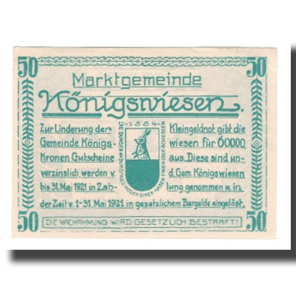 Banknot, Austria, Königswiesen O.Ö. Marktgemeinde, 50 Heller, Texte 2, 1921