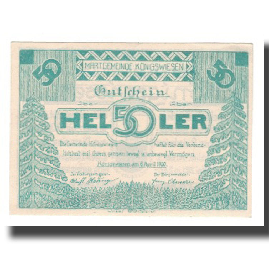 Banconote, Austria, Königswiesen O.Ö. Marktgemeinde, 50 Heller, Texte 3, 1921