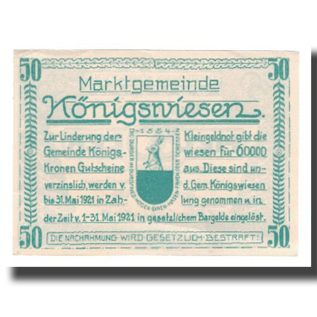 Banconote, Austria, Königswiesen O.Ö. Marktgemeinde, 50 Heller, Texte 3, 1921
