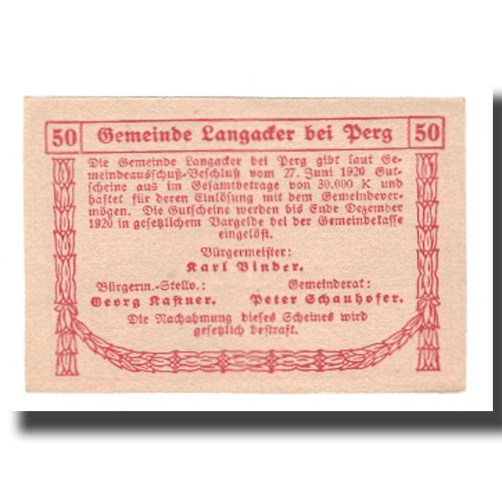 Banconote, Austria, Langacker bei Perg O.Ö. Gemeinde, 50 Heller, Texte 2, 1920