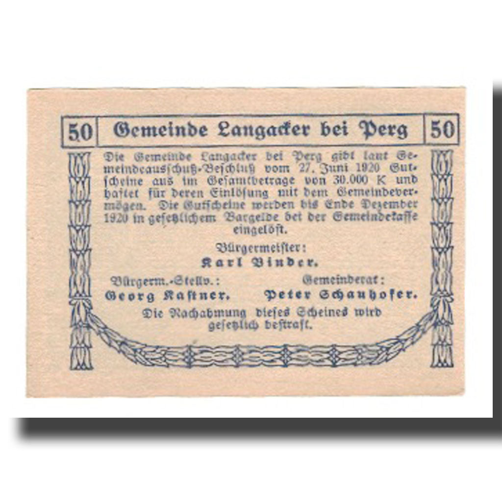 Billet, Autriche, Langacker bei Perg O.Ö. Gemeinde, 50 Heller, Texte  5, 1920