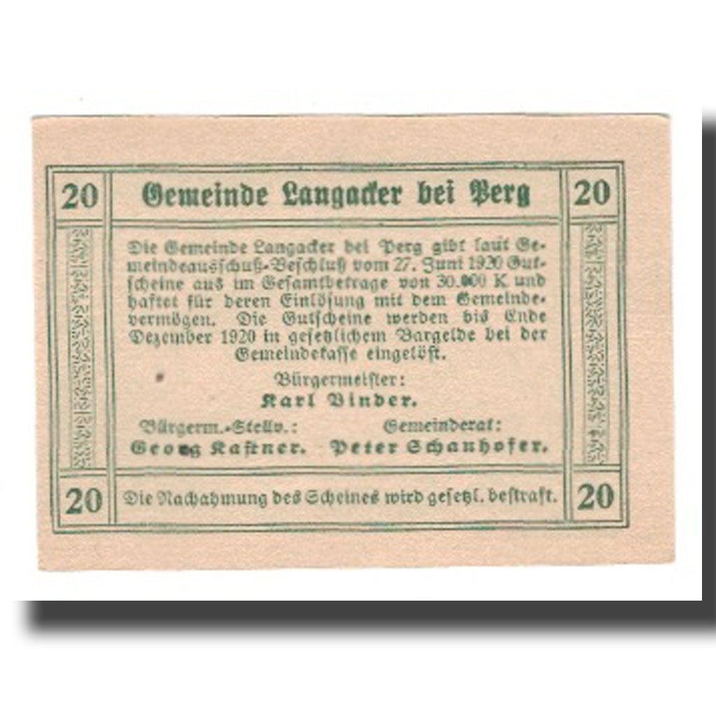 Banknote, Austria, Langacker bei Perg O.Ö. Gemeinde, 20 Heller, Texte 6, 1920