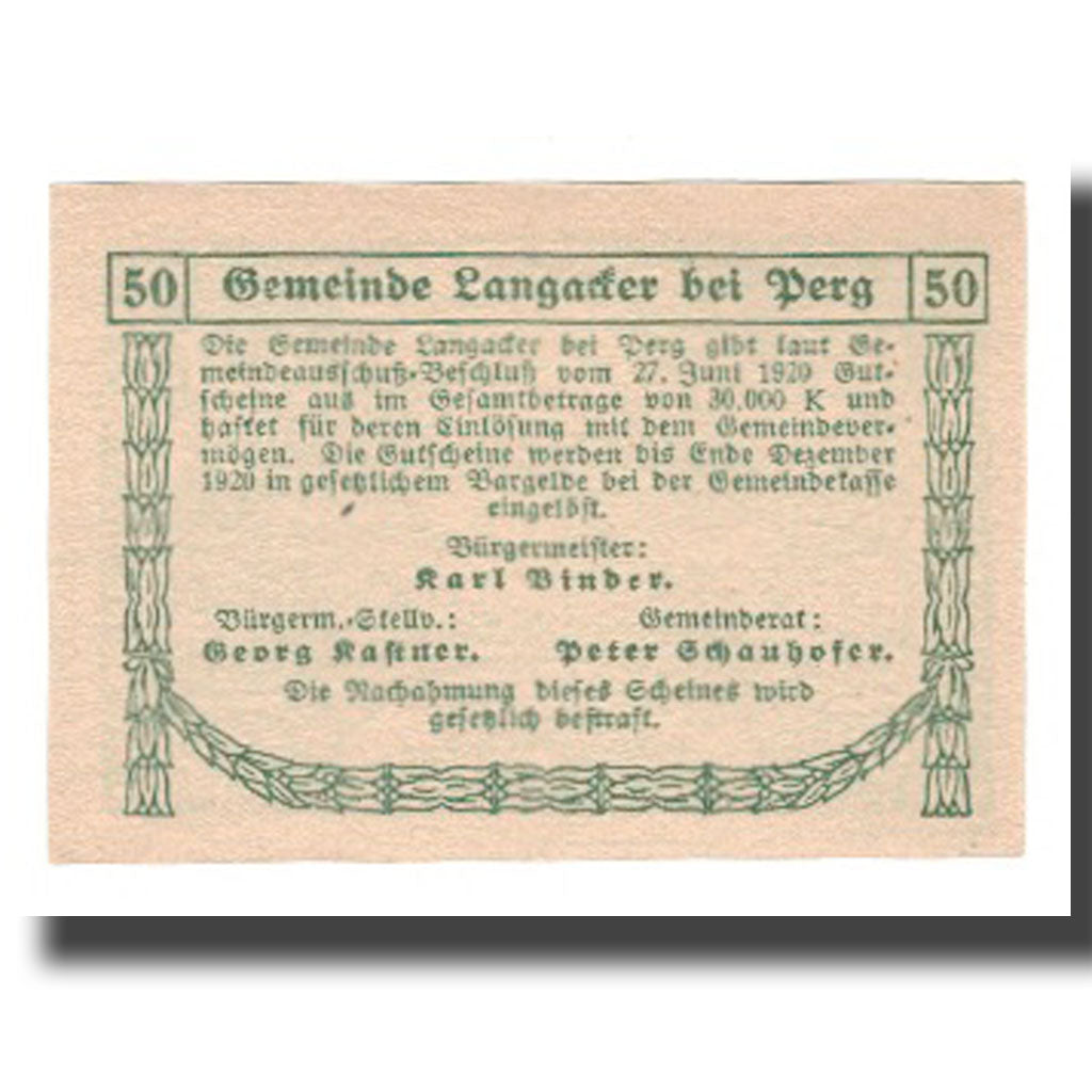 Geldschein, Österreich, Langacker bei Perg O.Ö. Gemeinde, 50 Heller, Texte 8