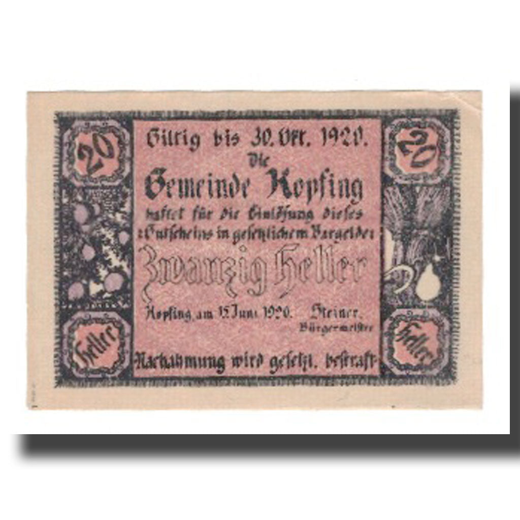 Banknote, Austria, Kopfing O.Ö. Gemeinde, 20 Heller, valeur faciale, 1920