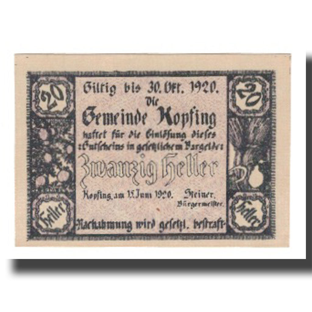 Geldschein, Österreich, Kopfing O.Ö. Gemeinde, 20 Heller, valeur faciale 1