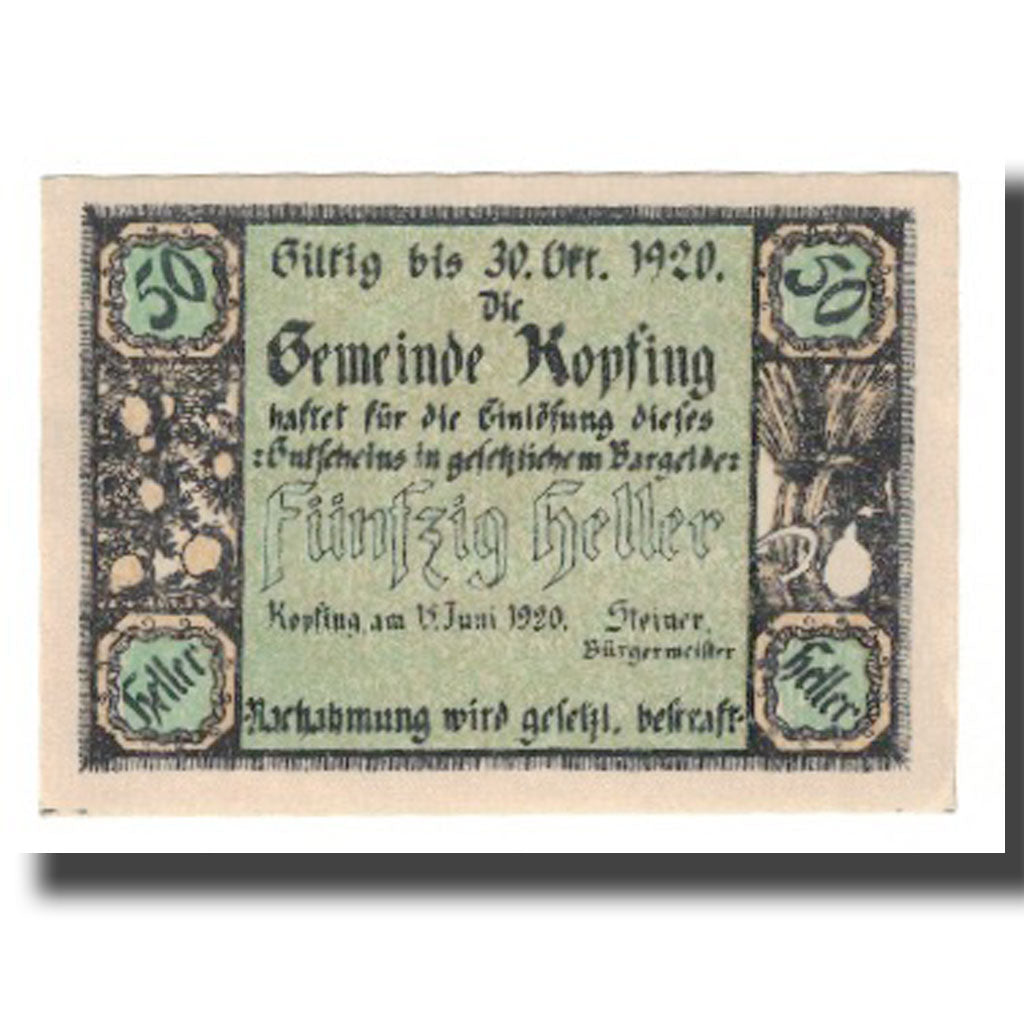 Geldschein, Österreich, Kopfing O.Ö. Gemeinde, 50 Heller, valeur faciale 2