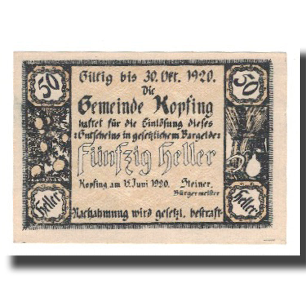 Geldschein, Österreich, Kopfing O.Ö. Gemeinde, 50 Heller, Valeur faciale 3