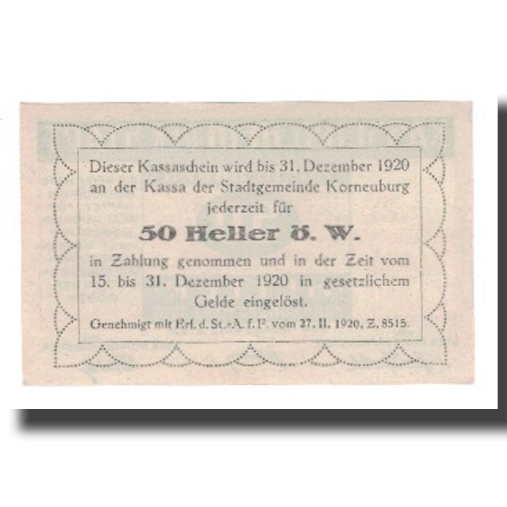 Geldschein, Österreich, Korneuburg N.Ö. Stadt, 50 Heller, Texte, 1920