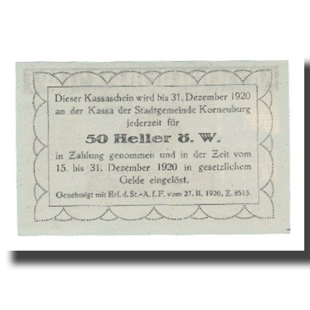 Banknote, Austria, Korneuburg N.Ö. Stadt, 50 Heller, texte 1, 1920, 1920-12-31