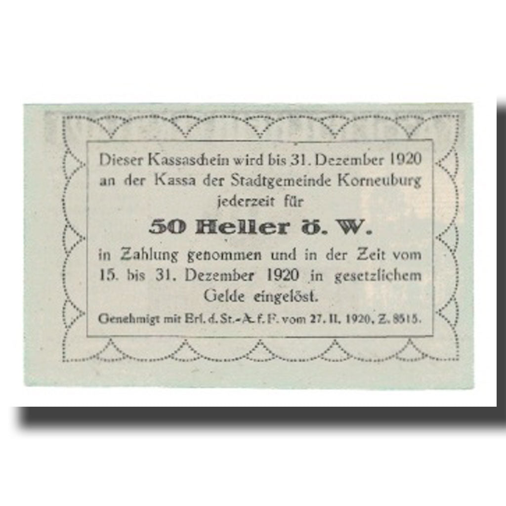 Geldschein, Österreich, Korneuburg N.Ö. Stadt, 50 Heller, Texte 2, 1920