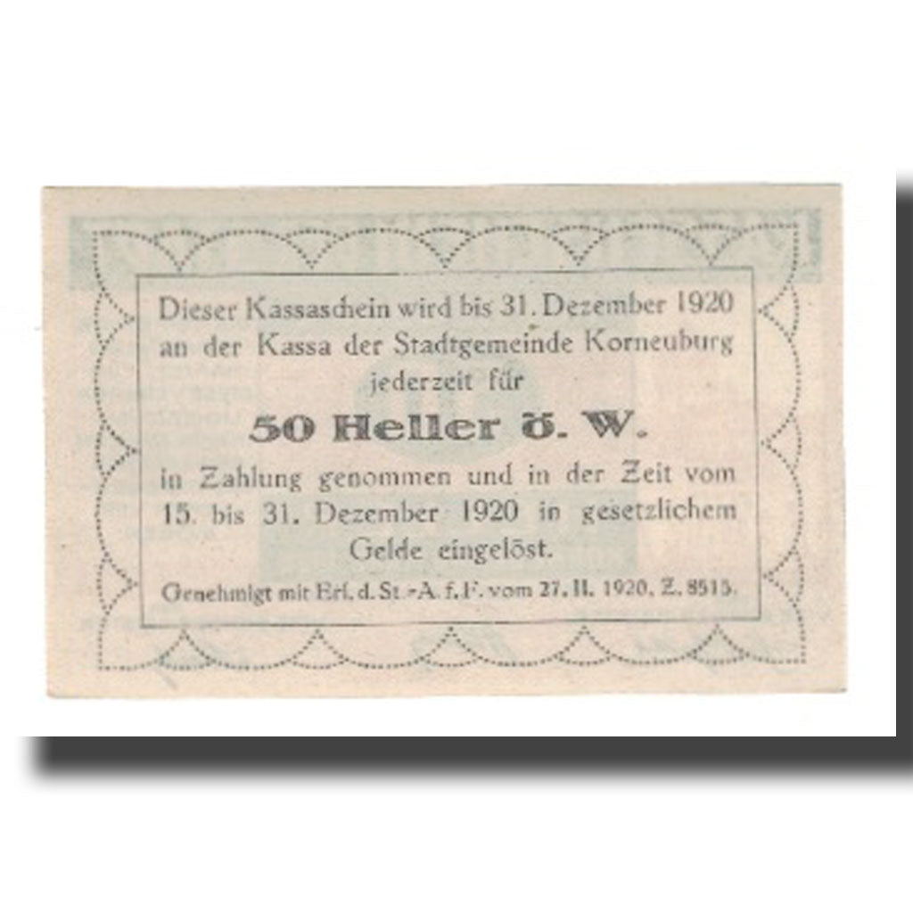 Banknote, Austria, Korneuburg N.Ö. Stadt, 50 Heller, Texte 3, 1920, 1920-12-31