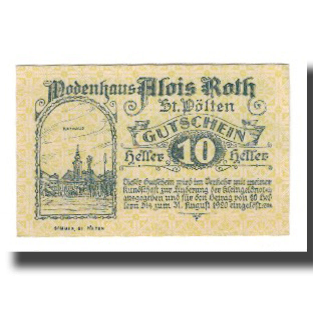 Banknot, Austria, St. Pölten N.Ö. Prv. Alois Roth Modehaus, 10 Heller, N.D