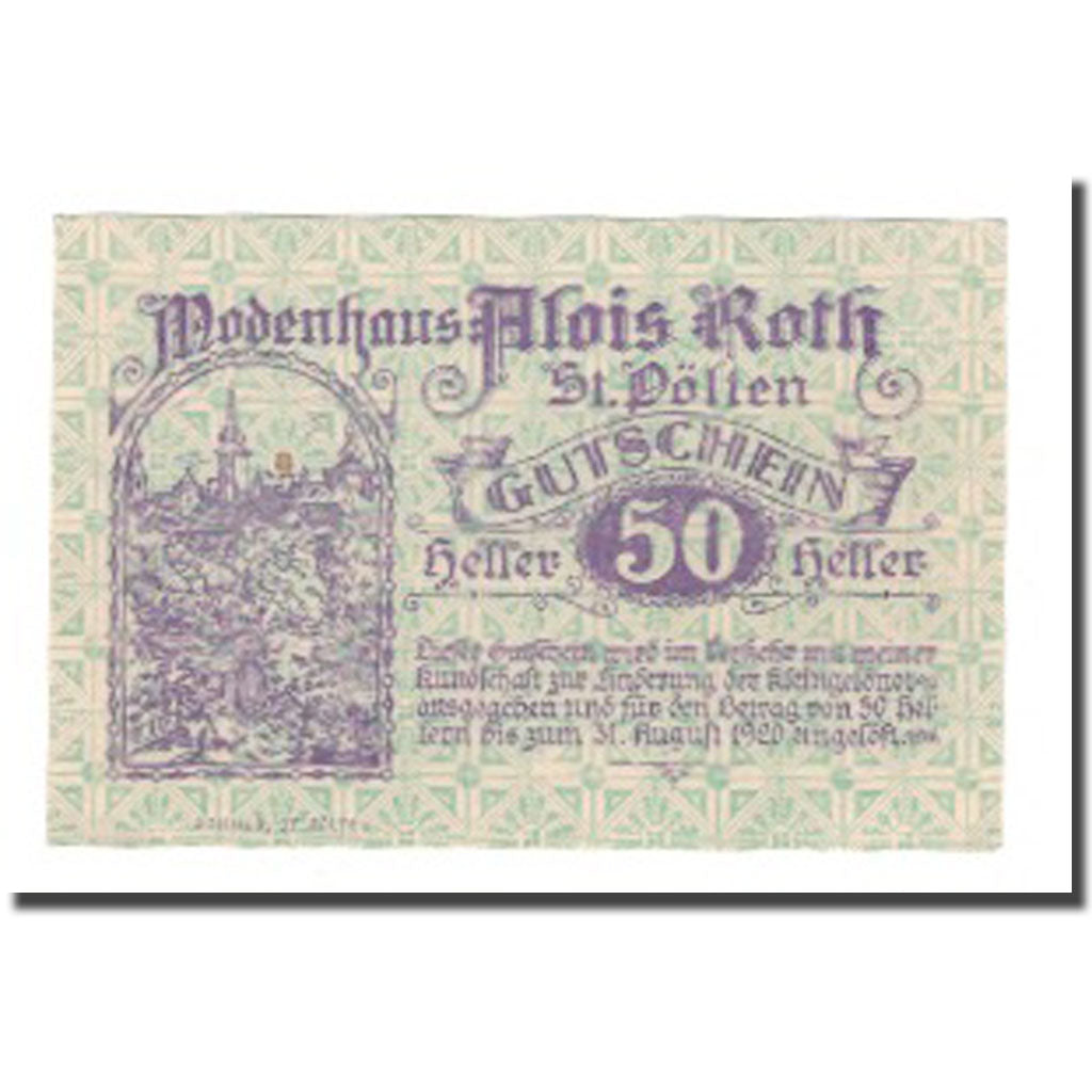 Geldschein, Österreich, St. Pölten N.Ö. Prv. Alois Roth Modehaus, 50 Heller