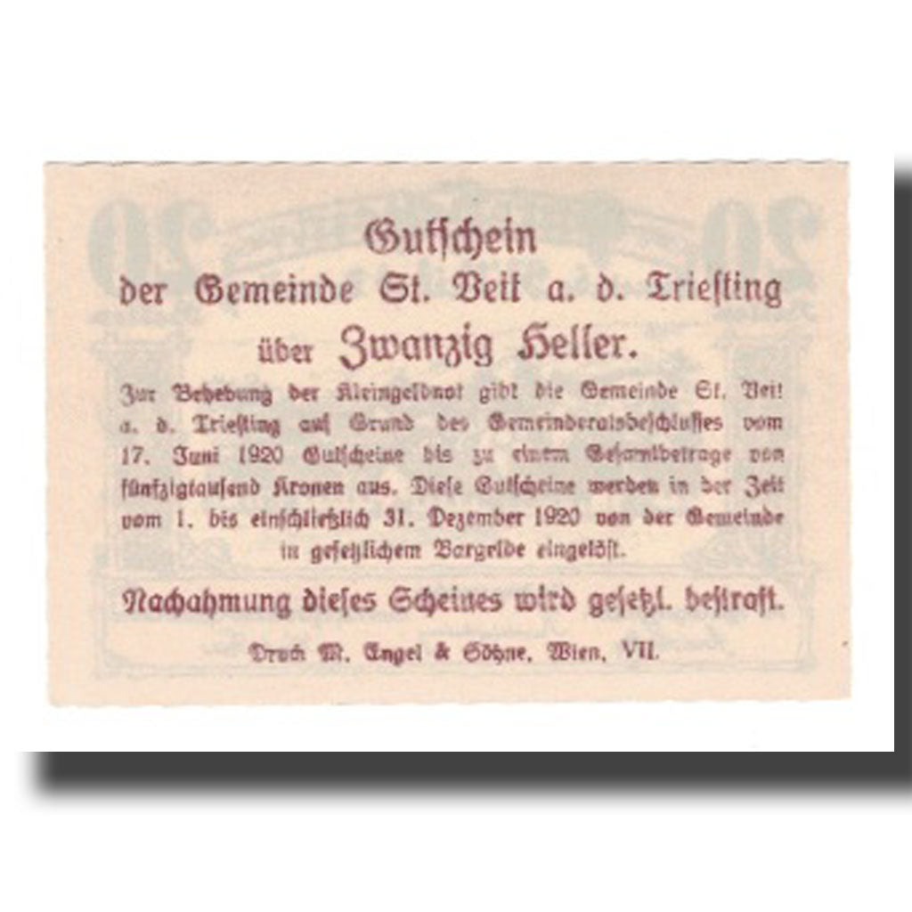 Banknot, Austria, St. Veit an der Triesting N.Ö. Gemeinde, 20 Heller, texte 1