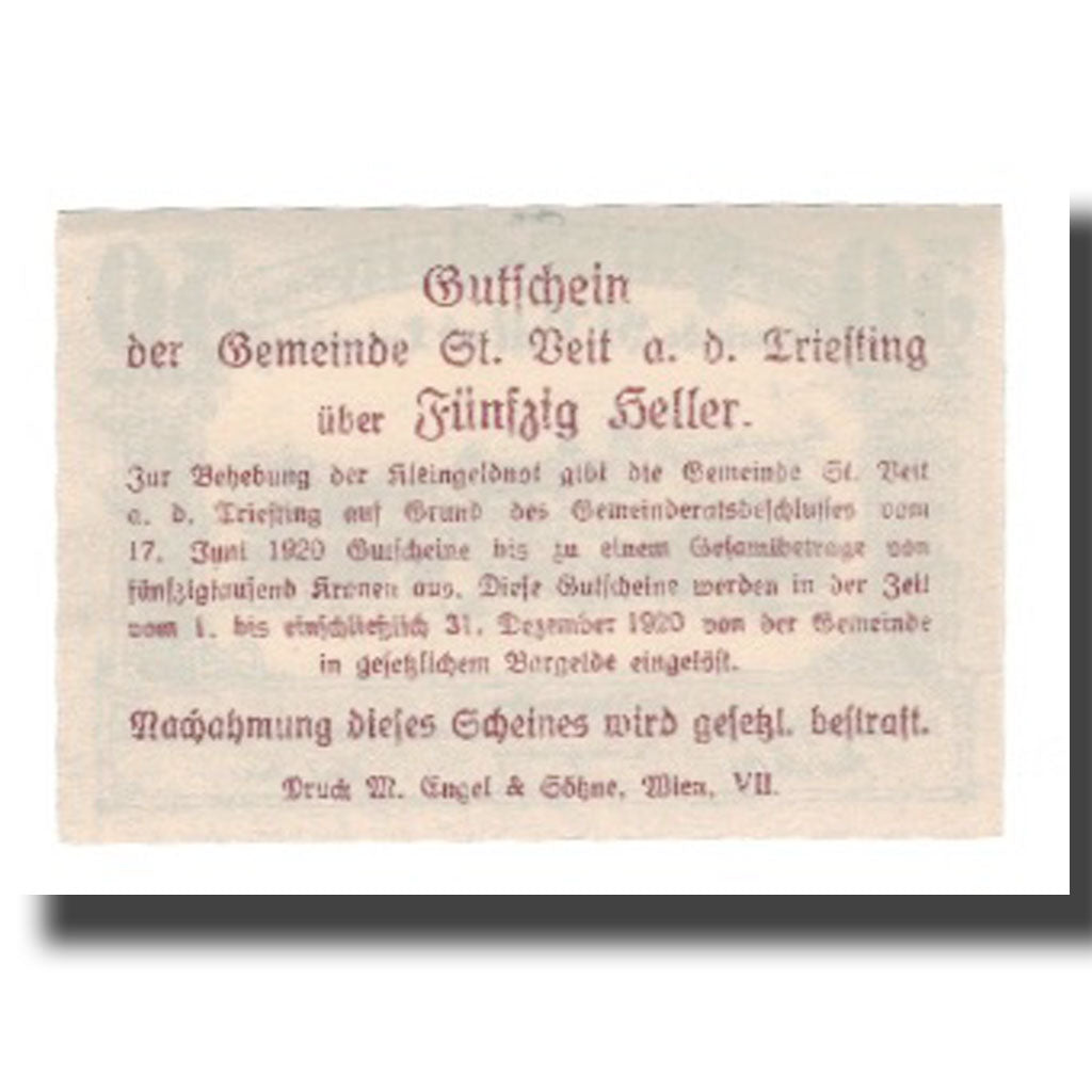 Banknote, Austria, St. Veit an der Triesting N.Ö. Gemeinde, 50 Heller, Texte 2